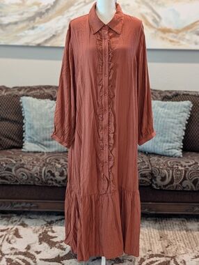 Rust Ruffle-Front Long Button Closure Dress